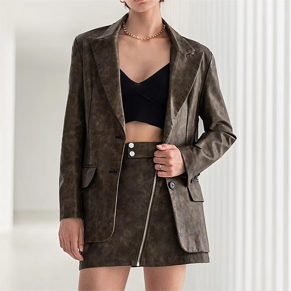 Washed Leather Zipper Skirt