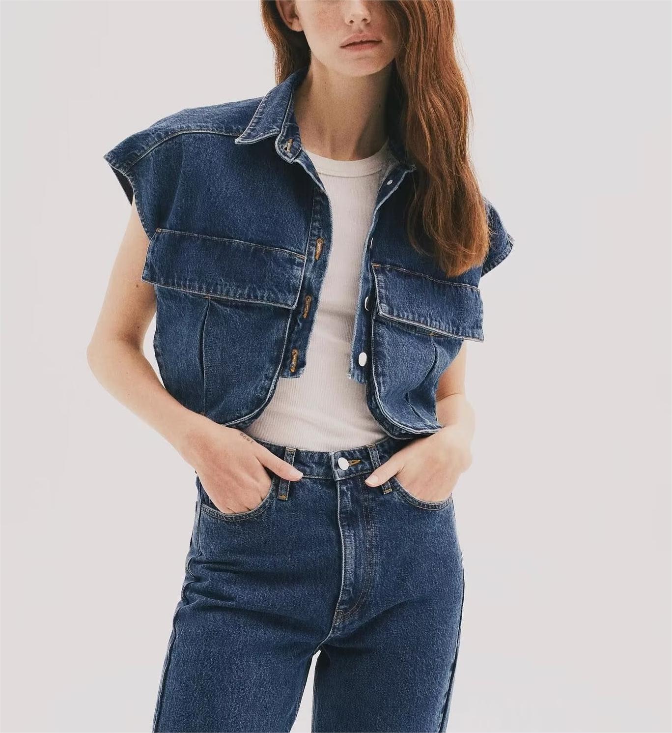 Double Pocket Decoration Denim Top Vest