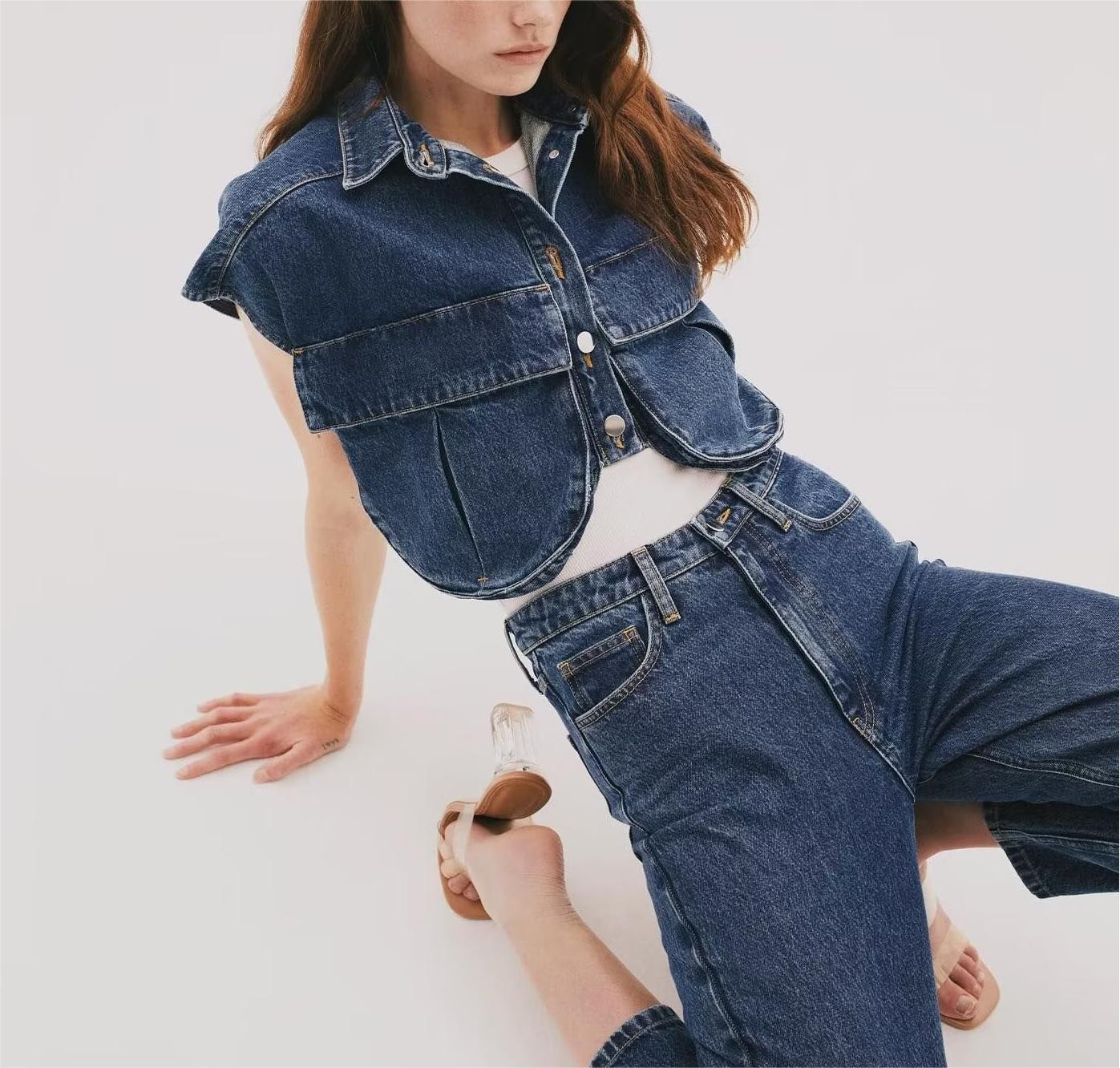 Double Pocket Decoration Denim Top Vest