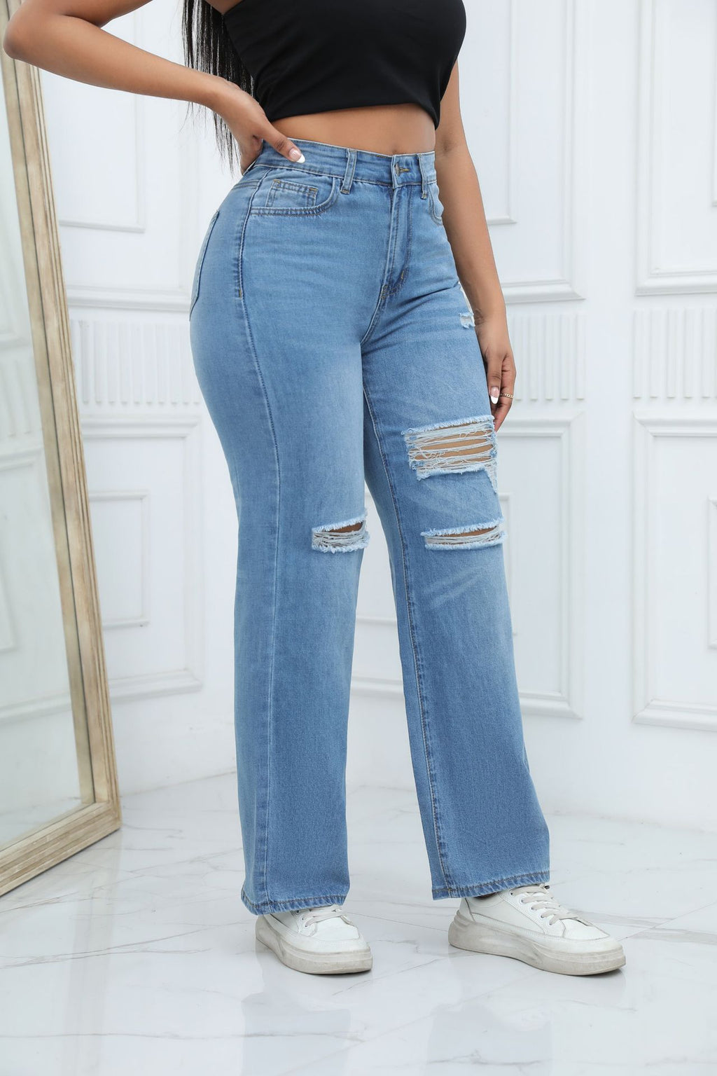 Washed Hole Wide Leg Jeans