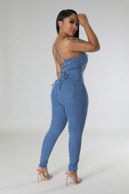 Backless Bandage Corns Denim Jumpsuit