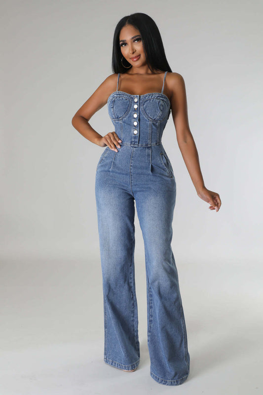 Strap Wide Leg Denim Jumpsuit