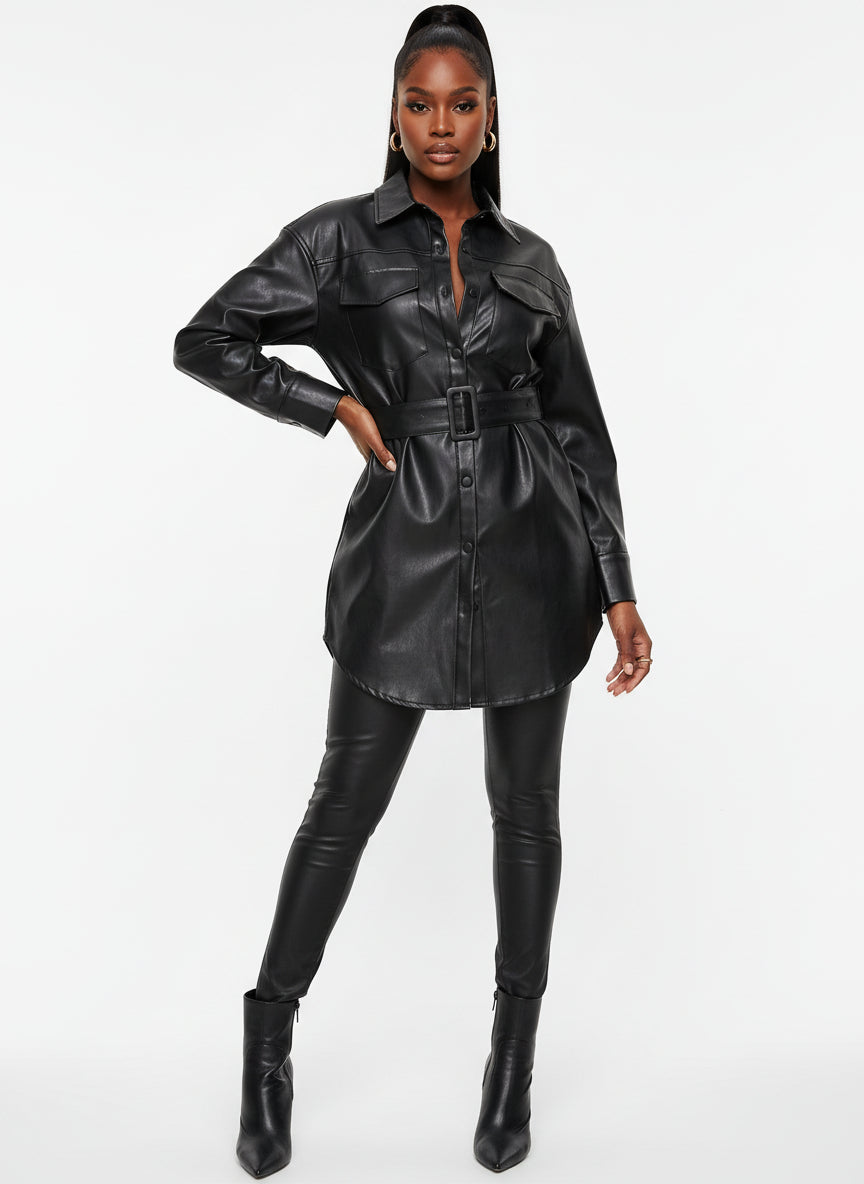Slim Fit Slimming Mid Length Leather Coat Coat