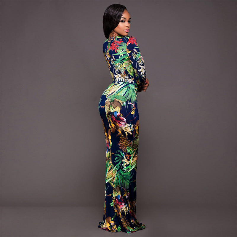 High Slit Deep Plunge Floral Dress