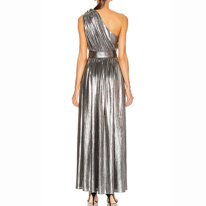 Metallic One-Shoulder Side Slit Mid-Length Dress