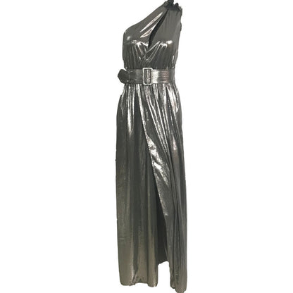 Metallic One-Shoulder Side Slit Mid-Length Dress