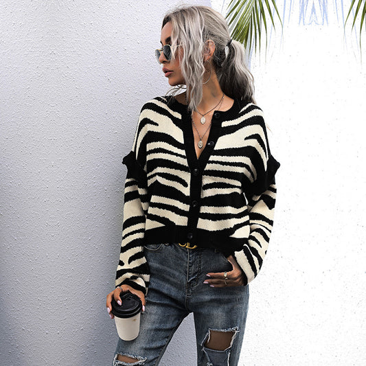 Zebra Pattern Cardigan Knitted Sweater