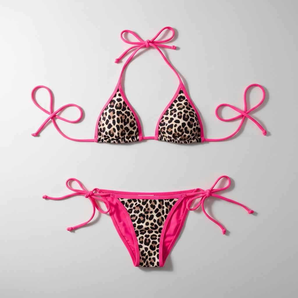 Leopard Print Halter Neck Tie Side Bikini Set