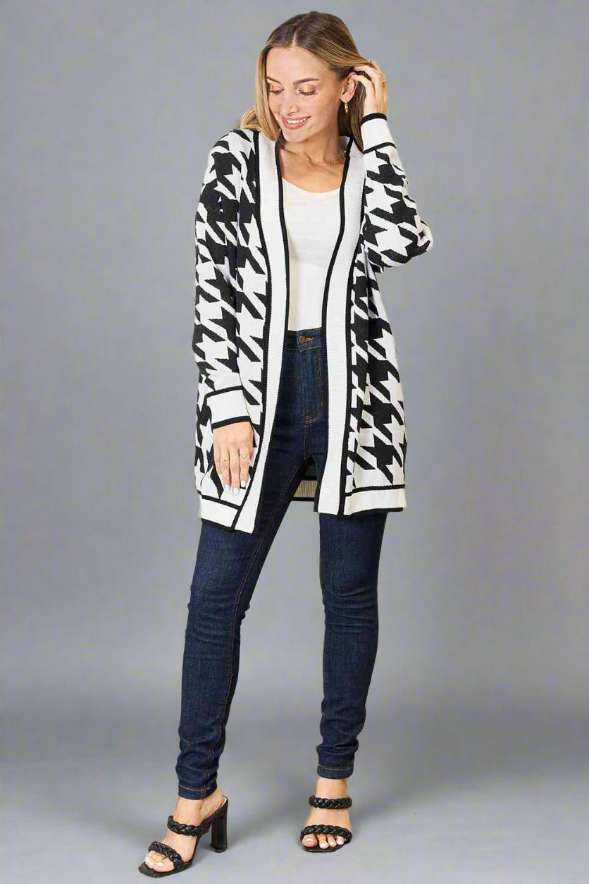 Woven Houndstooth Longline Cardigan