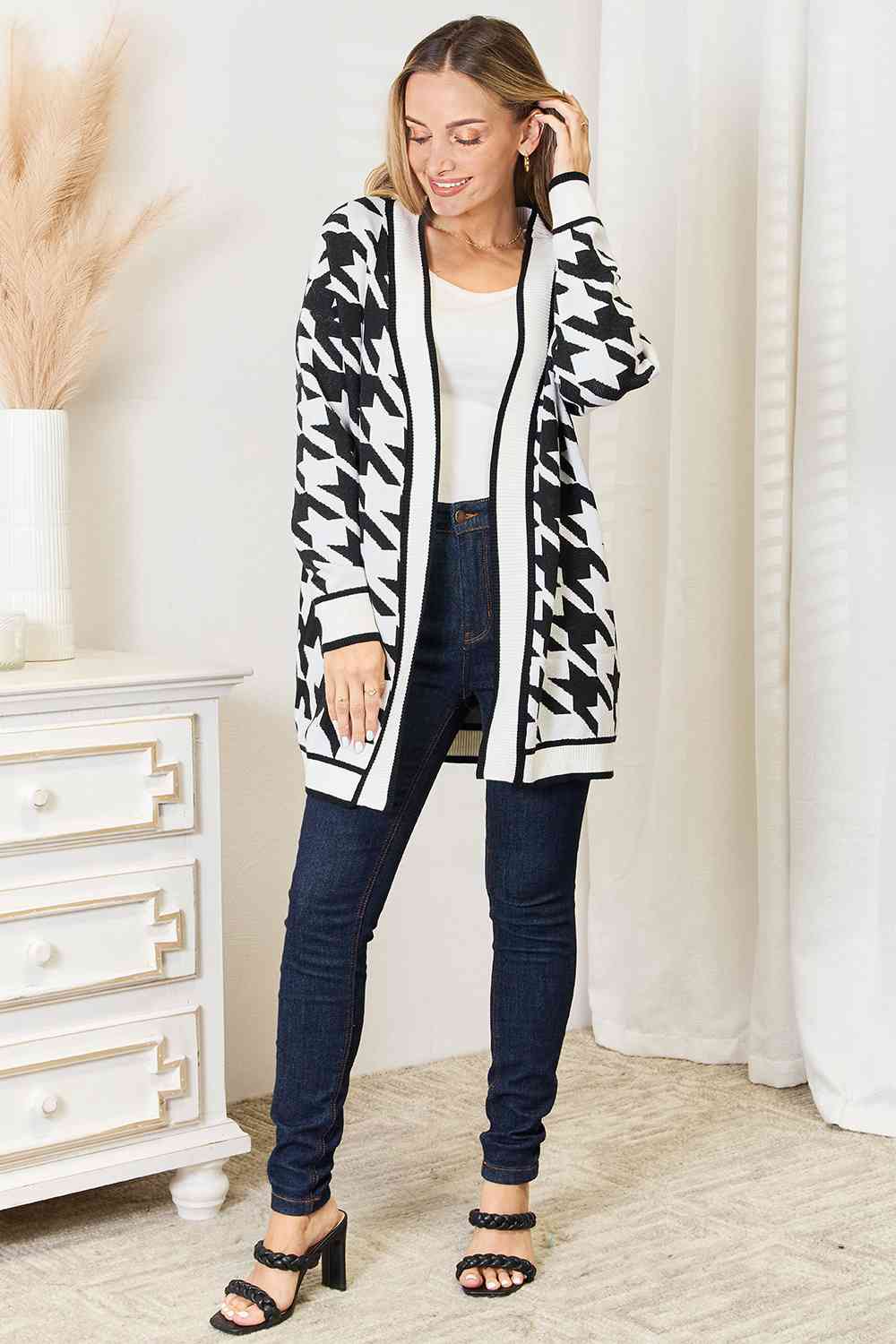 Woven Houndstooth Longline Cardigan