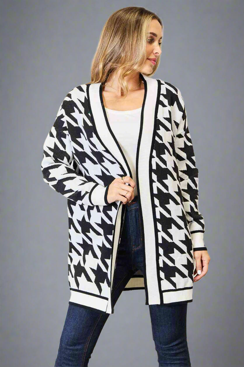Woven Houndstooth Longline Cardigan