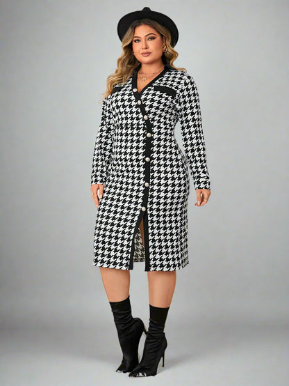 Curve Houndstooth Long Sleeve Slit Dress