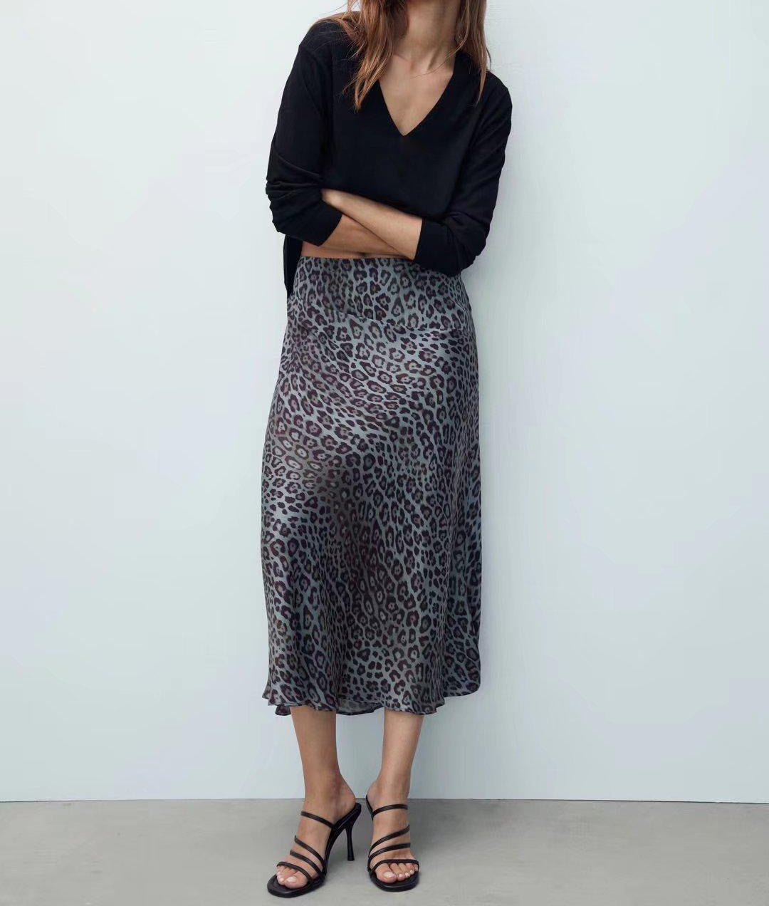 Satin Leopard Print Animal Drape Skirt