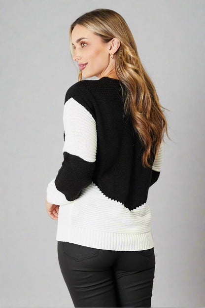 Woven Two-Tone Openwork Rib-Knit Sweater