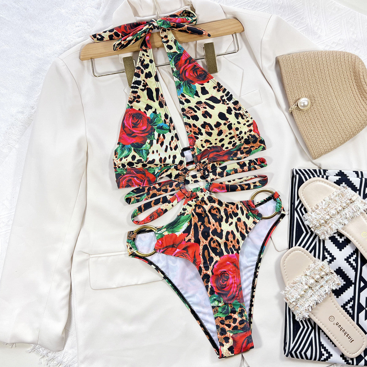 Leopard Rose Steel Ring Women One-Piece Swimsuit