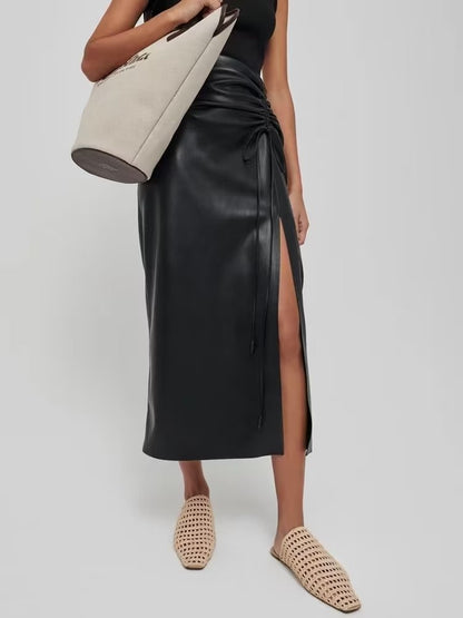 Urban Faux Leather Drawstring Ruffle Skirt