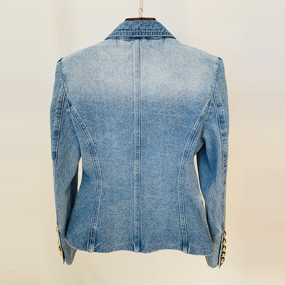 Slim Double Breasted Lion Button Denim Blazer