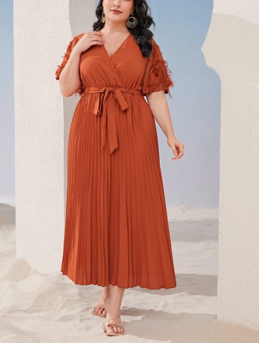 Plus Size Pleated Waist Tie Short Sleeve Dress