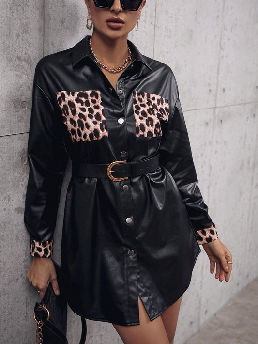 Faux Leather Leopard Print Trench Coat Top