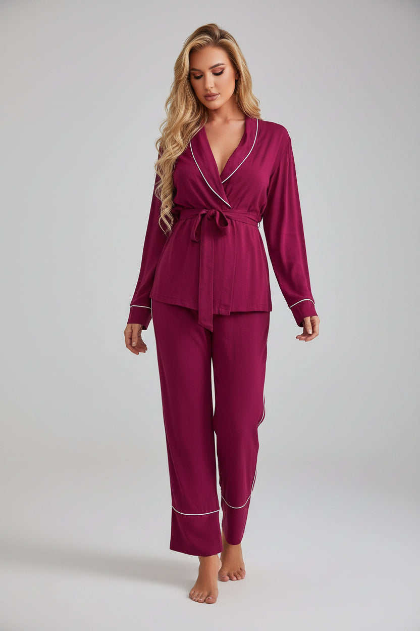 Women's Belted Viscose Loungewear Pajamas Set