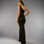 Metallic One Shoulder Long Sequined Dress