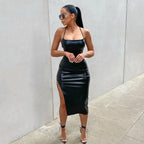 Faux Leather Backless Strap up Split Sling Dress