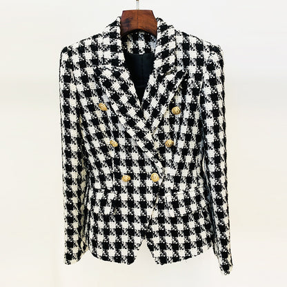 Double-Breasted Houndstooth Tweed Blazer