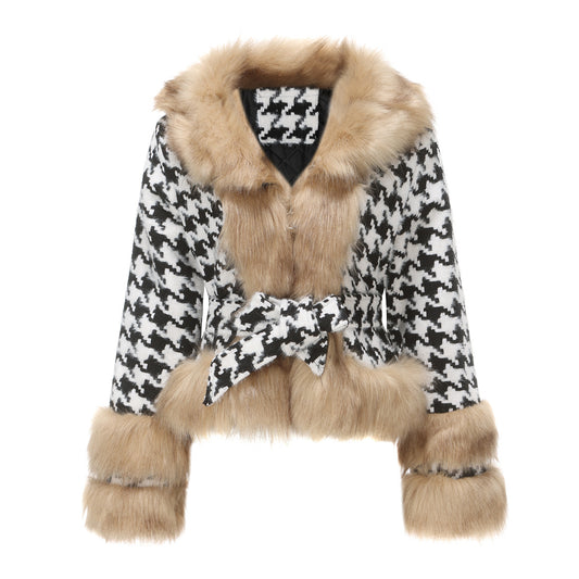 Detachable Faux Fur Houndstooth Coat