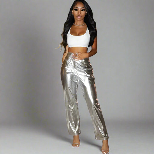 Metallic Coated Faux Leather Pocket Pants