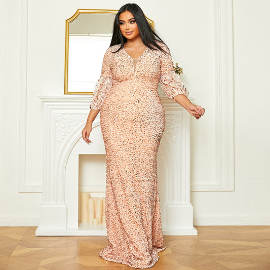 Plus Size Long Sequined Evening Dress