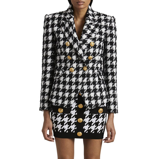 Double-Breasted Houndstooth Tweed Blazer