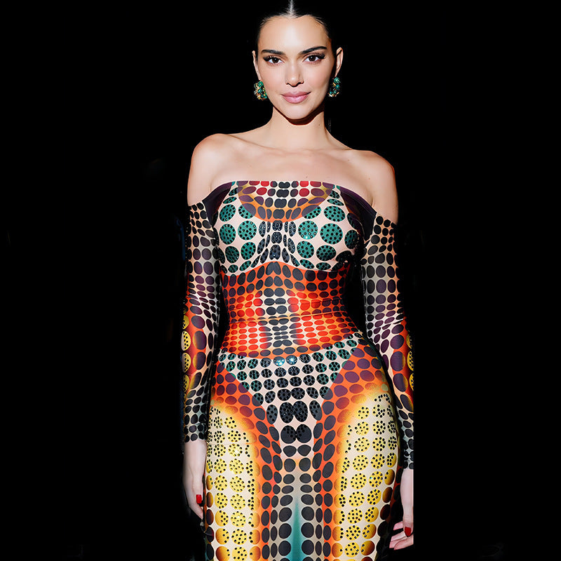 Off Neck Long Sleeve Slim Expansion Dress