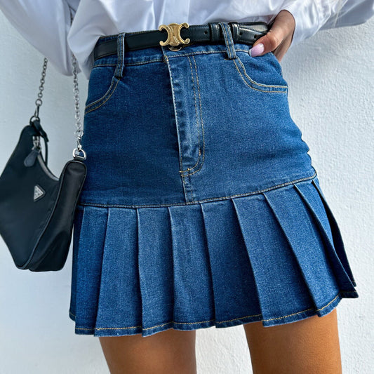 Pleated Stitching Denim Skirt