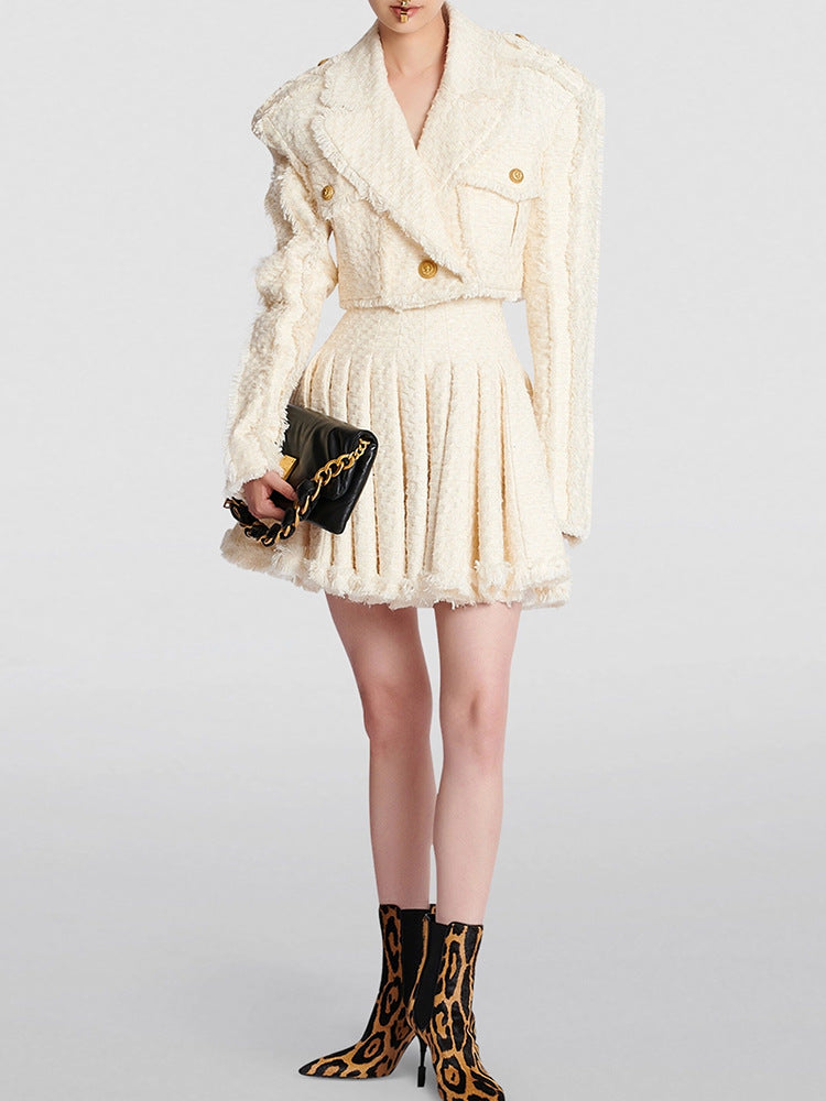 Short Temperamental Tweed Fringe Skirt & Blazer