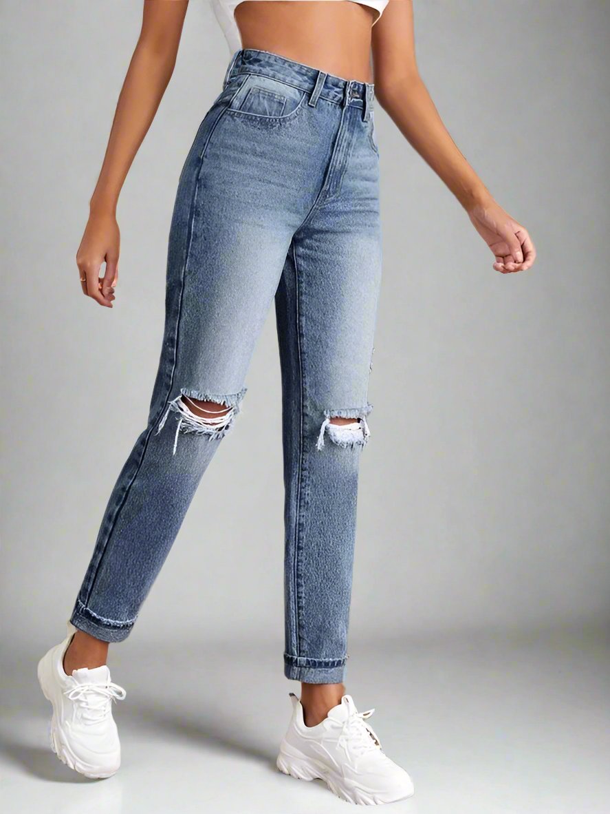 High Waist Washed Ripped Jeans