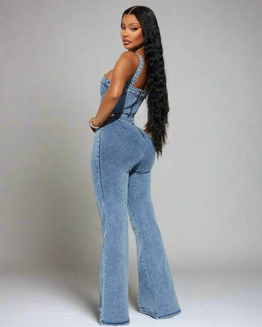 Waist Tight Washed Denim Jumpsuit