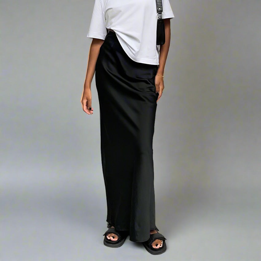 French  Satin Black Long Skirt - ALL HERZ FASHIONS