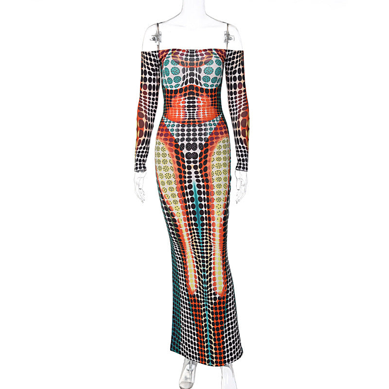 Off Neck Long Sleeve Slim Expansion Dress