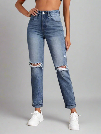 High Waist Washed Ripped Jeans