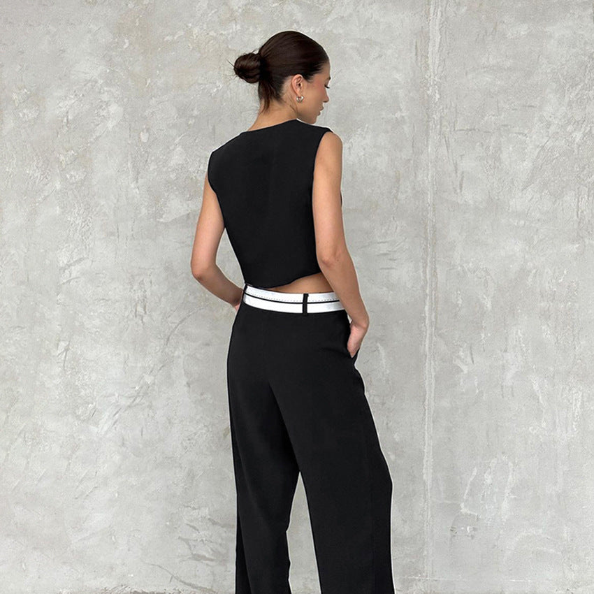 High Street Short Black Vest & Straight Leg Pants Set - ALL HERZ FASHIONS