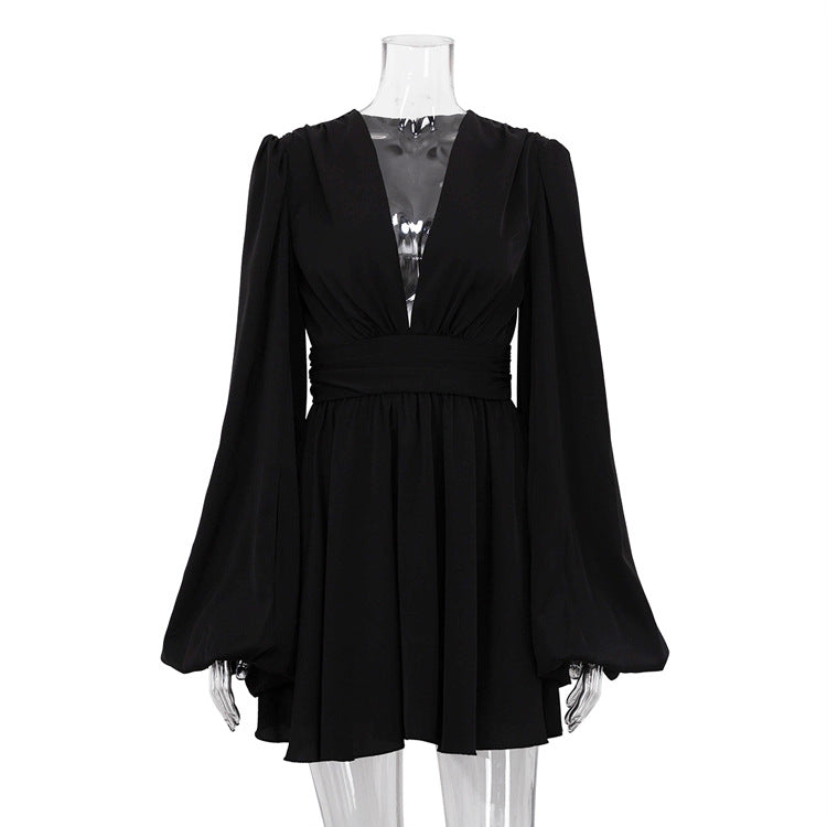 French Puff Sleeve Black Short Dress - ALL HERZ FASHIONS