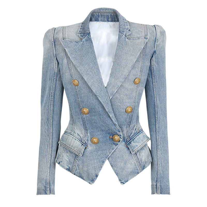 Slim Double Breasted Lion Button Denim Blazer