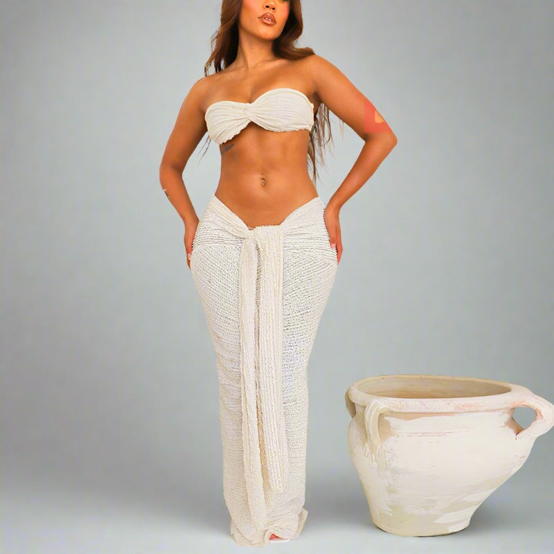 High Waist Tied Knitted Beachwear Set