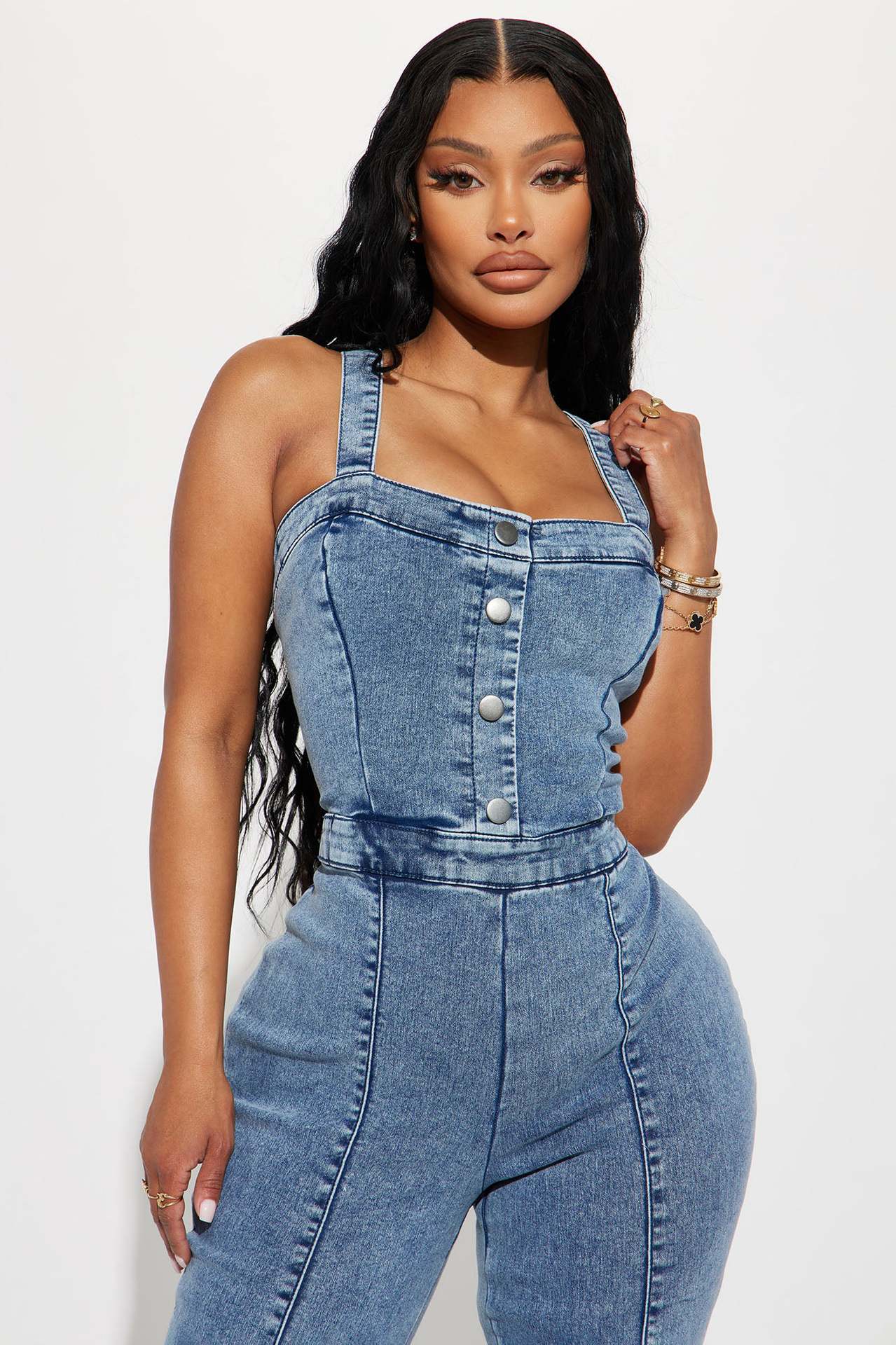 Waist Tight Washed Denim Jumpsuit