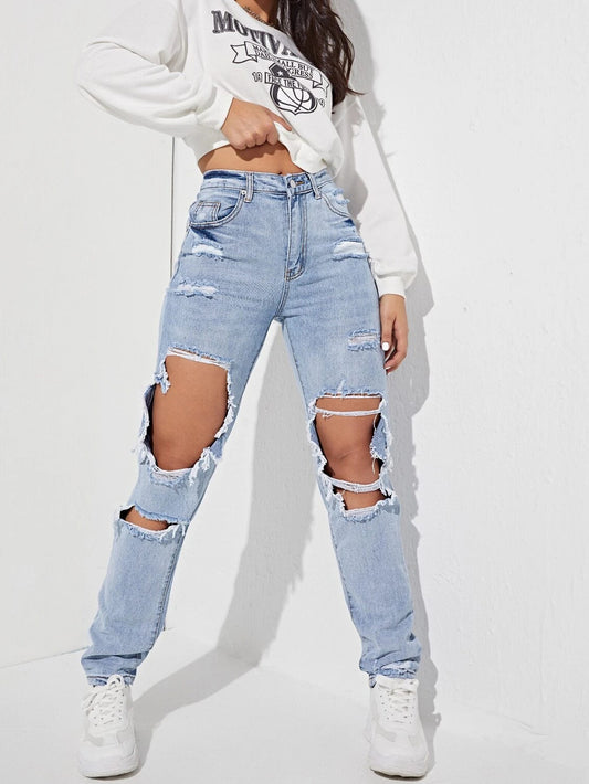 High Waist Straight Large Ripped Denim