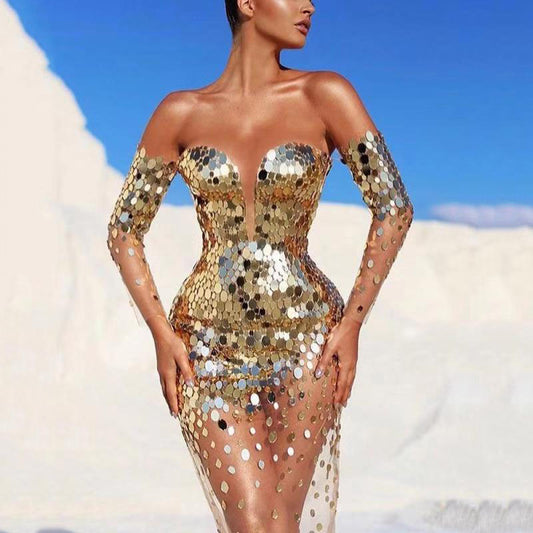 Sequined Off Shoulder Sexy Evening Dress