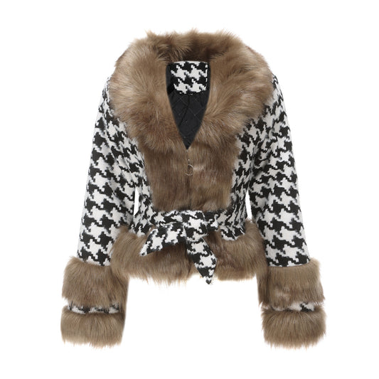 Detachable Faux Fur Houndstooth Coat