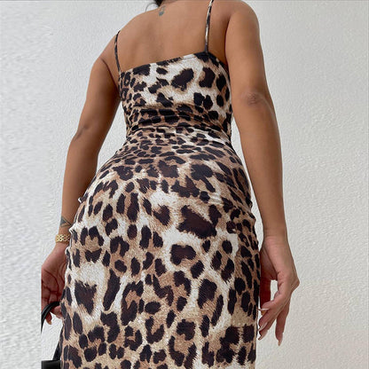 Spaghetti Strap Asymmetric Leopard Print Dress