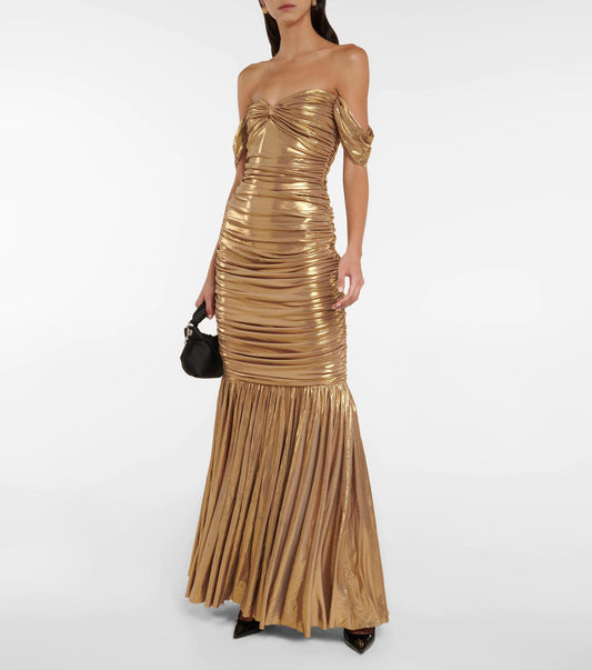 Metallic Raglan Off Shoulder Maxi Dress