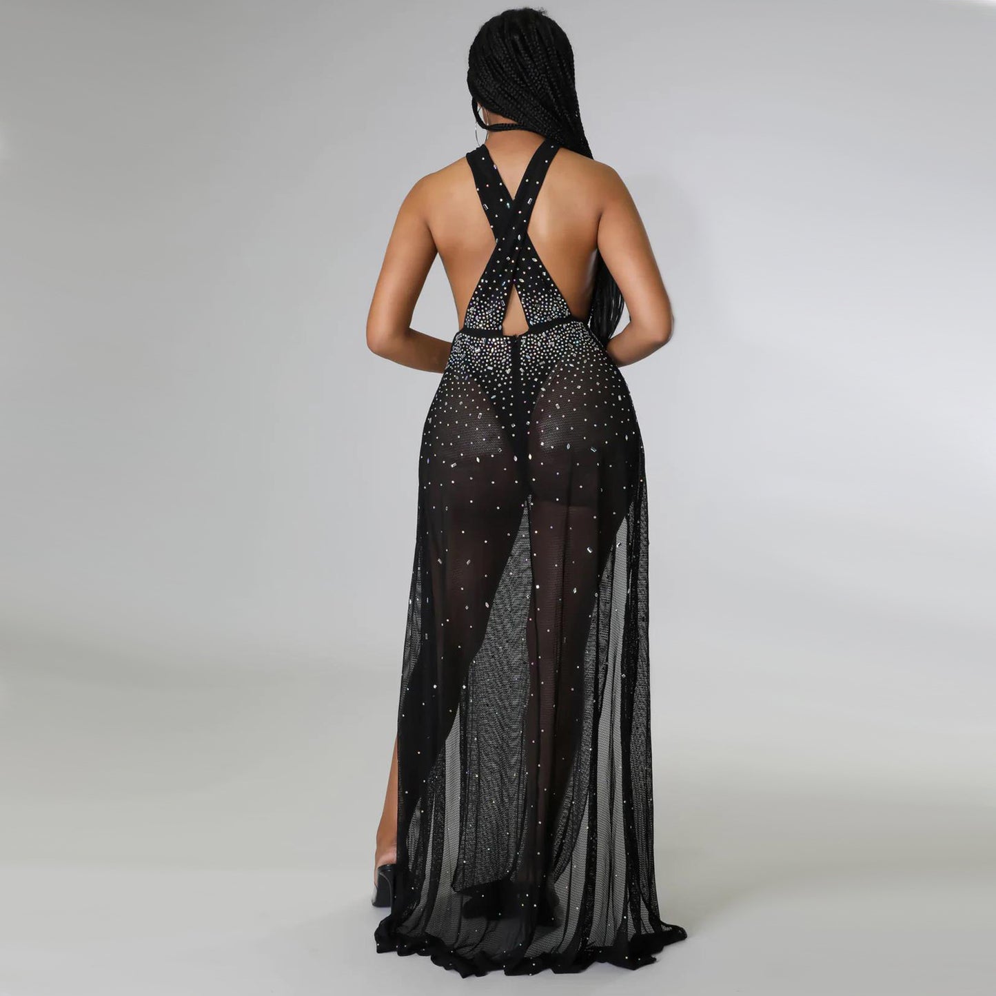 See through Rhinestone Split Dress